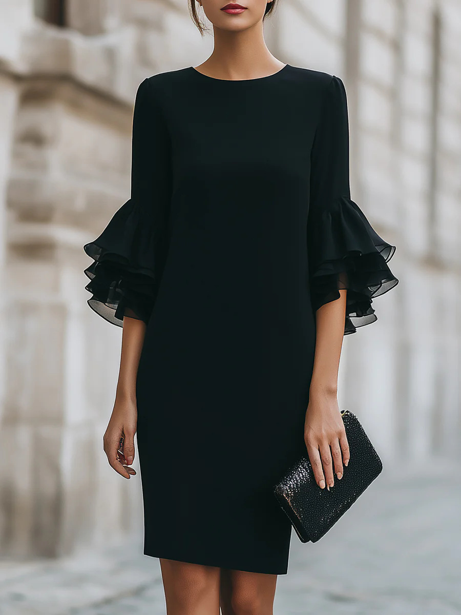 Robe de soirée décontractée et élégante, mode printemps-été, couleur unie, style simple pour le quotidien, col rond, manches mi-longues, longueur mi-longue