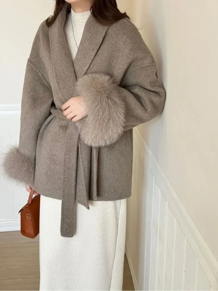 Manteau en laine à col roulé pour femme, élégant, col montant, bouton à une rangée de boutons, manteau ample avec nœud, manteaux de rue pour les déplacements quotidiens