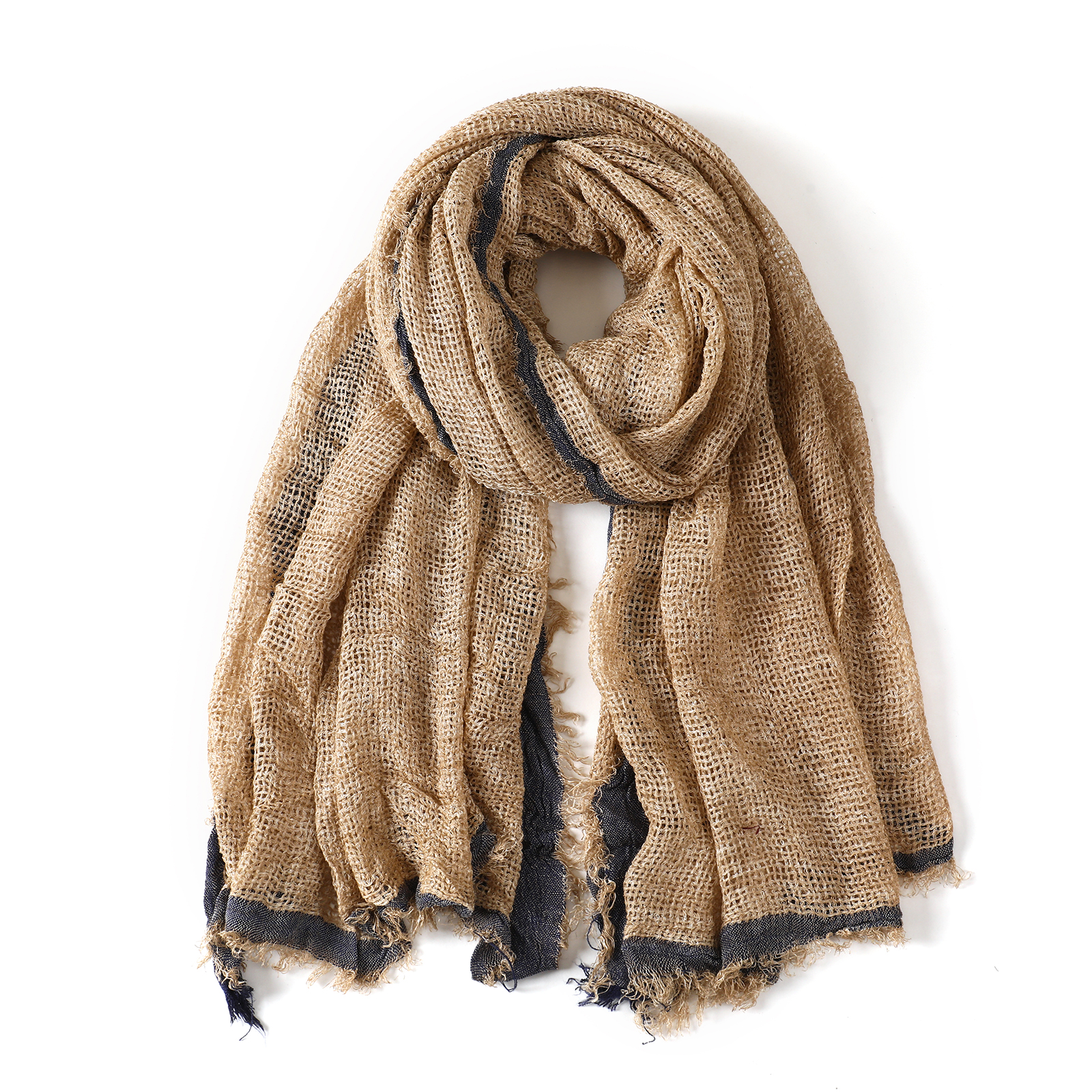 Écharpe en coton et lin rayée tendance pour hommes et femmes, respirante, chaude, pour les voyages en extérieur, avec franges courtes, châle, écharpe enveloppante