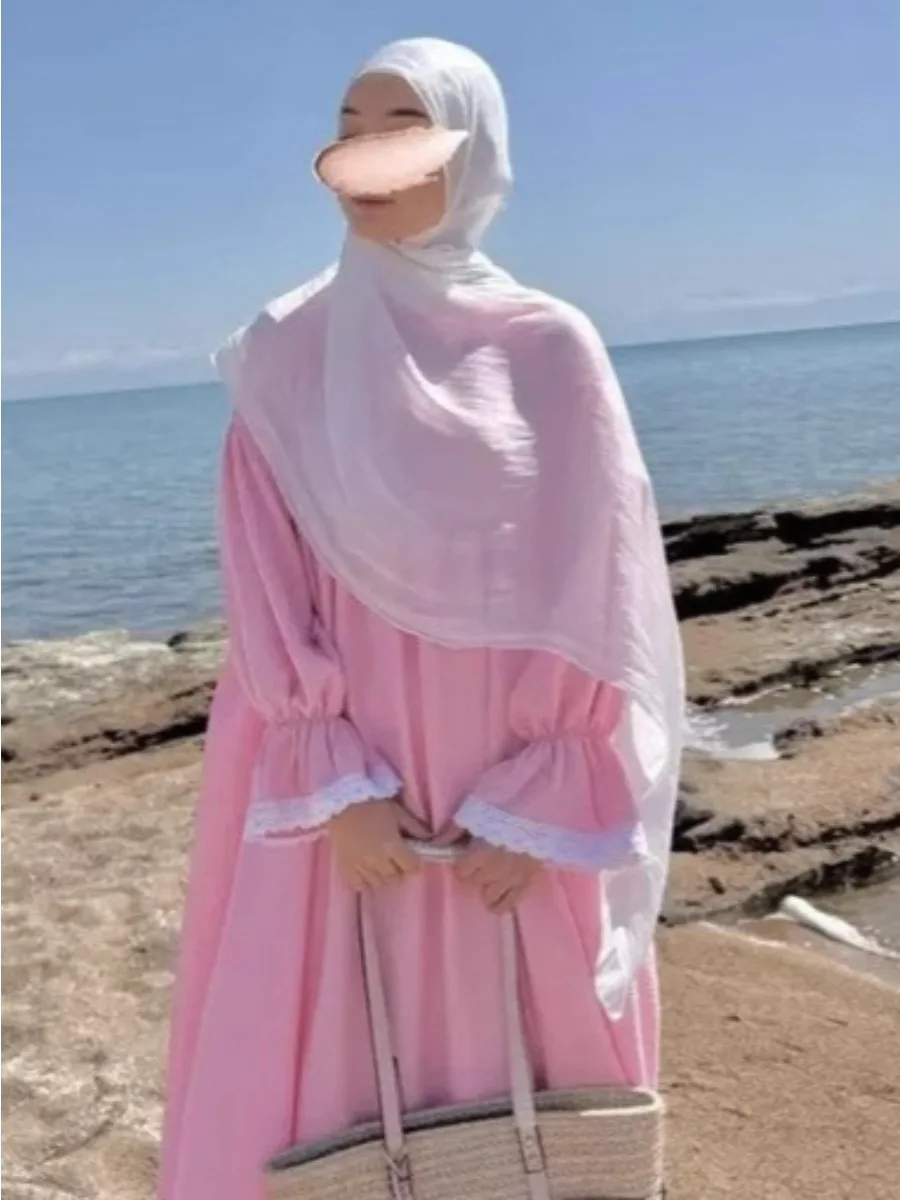 Femmes Robe de prière Abaya dentelle manches évasées Robe longue modeste dubaï Eid musulman Jalabiya Ramadan fête maroc caftan robes arabe