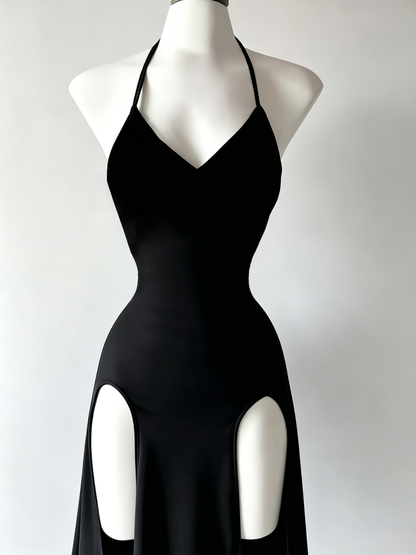 Robe noire élégante et stylée avec un col halter fin, un décolleté en V profond, une taille cintrée, des fentes hautes des deux côtés et une robe longue fluide et amincissante