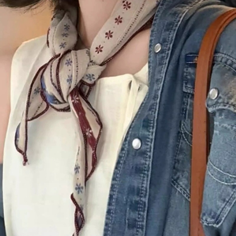 Femmes Vintage Floral rayé écharpe respirant coton lin mélange Triangle cou foulard Boho Chic bandeau et collier écharpe