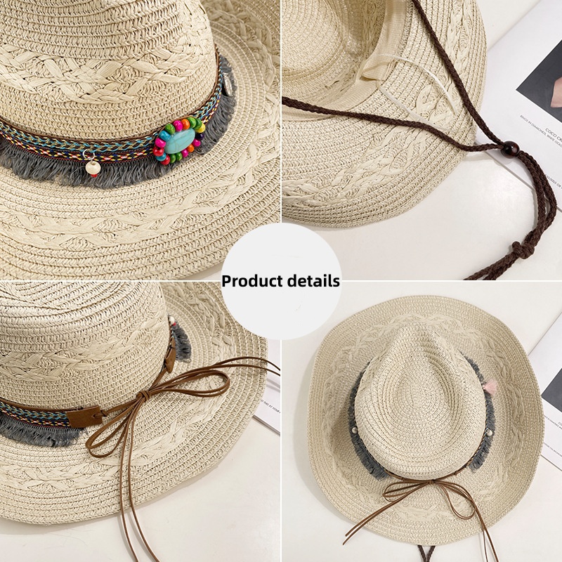 Chapeau de paille tressé style ethnique western à large bord pour la protection solaire estivale, idéal pour les sorties quotidiennes et les vacances à la plage