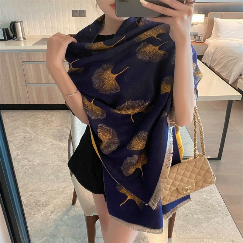 Couverture en cachemire épais bleu pour femme, écharpe chaude, Pashmina, châle, enveloppes d'hiver, Bufanda, imprimé feuilles, nouveau Design, Poncho