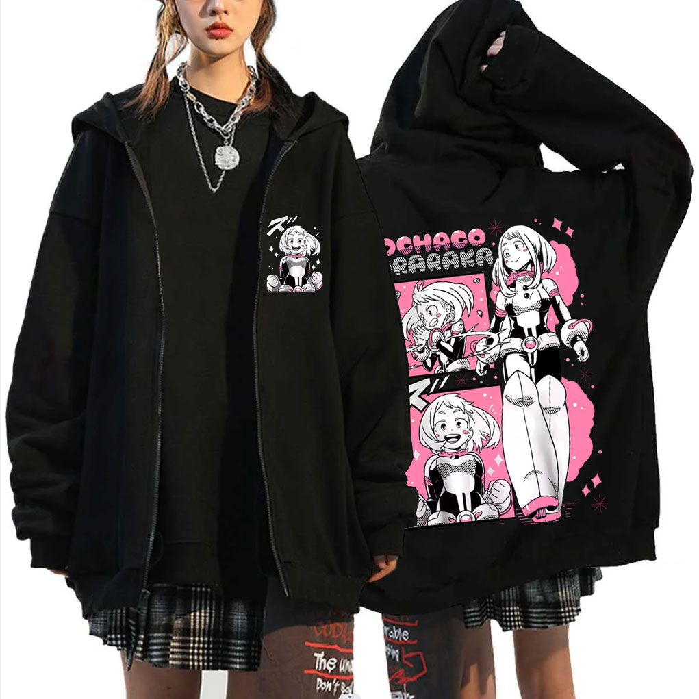 Sweat-shirt à capuche avec fermeture éclair Anime My Hero Academia, veste à fermeture éclair Ochaco Uraraka pour hommes et femmes, Y2k, mignon, Kawaii, surdimensionné