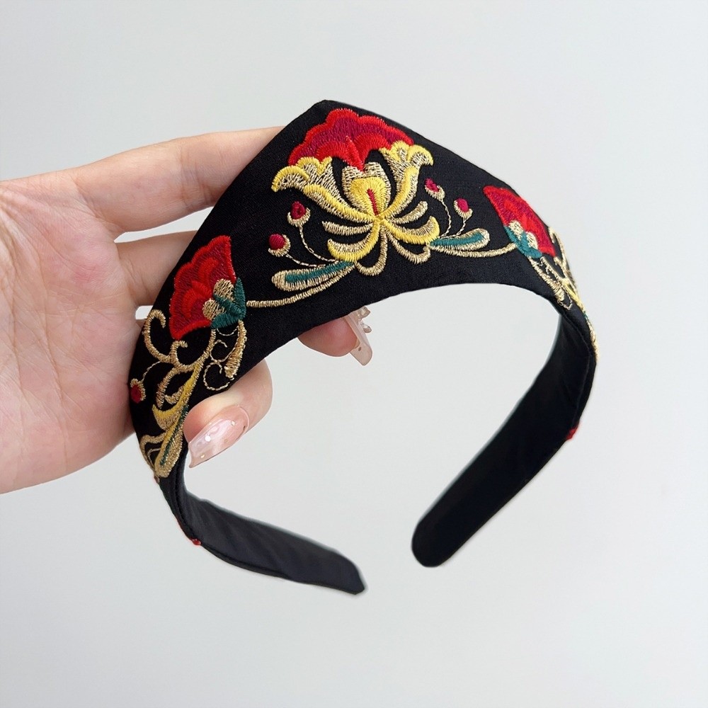 Nouveau serre-tête en velours brodé floral, texture lisse, noir, élastique, accessoires pour cheveux