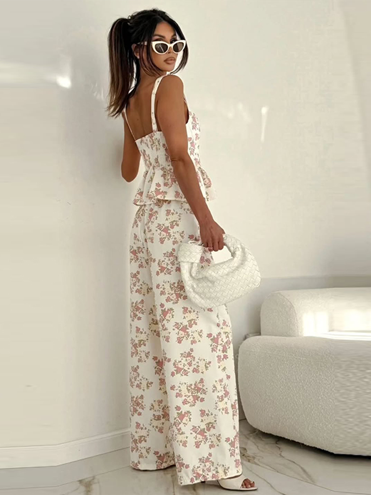 Ensemble pantalon et haut à volants imprimé tendance pour femme, débardeur sans manches dos nu avec poches et pantalon large, collection été 2026, tenue florale pour femme