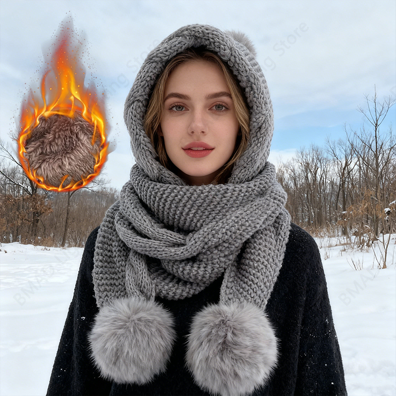 Chapeau épais d'hiver 2 en 1 pour femmes, chapeau tricoté chaud, cagoule épaisse pour temps froid extrême, ski en plein air
