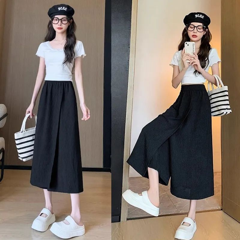 Nouveau pantalon jupe d'été pour femme, coupe ample, jambe large, style décontracté, coupe courte, effet usé légèrement, style jeune et frais