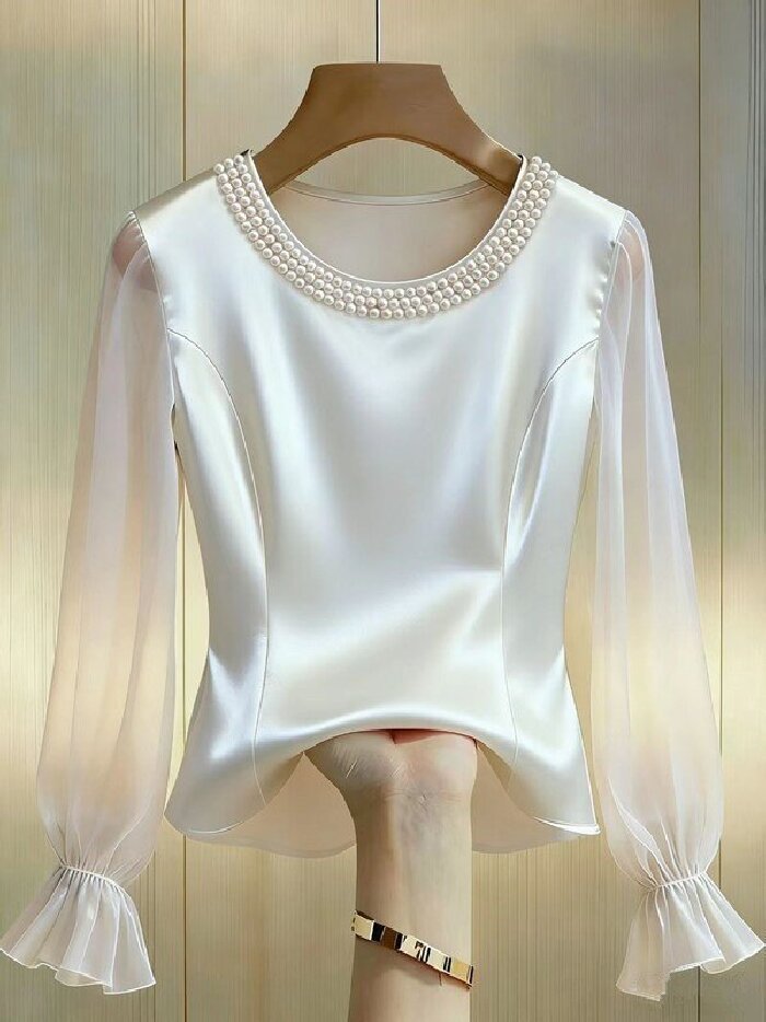 Chemisier élégant en satin pour femme, manches longues transparentes, en soie, avec col rond perlé, coupe ample, tendance été