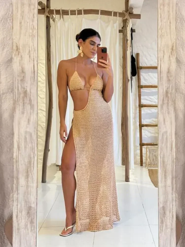 Robe de Plage Sexy, Slim, Coupe Basse, en Tricot, Col Licou Découpé, Décoration de Cercle, Fente Haute, pour Femme, Maillot de Bain, K88, Été 2025