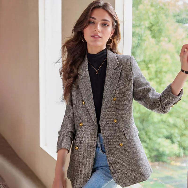 Manteaux Blazer à manches longues pour femmes, vestes Vintage en laine épaisse crantée, vêtements d'extérieur élégants, automne hiver