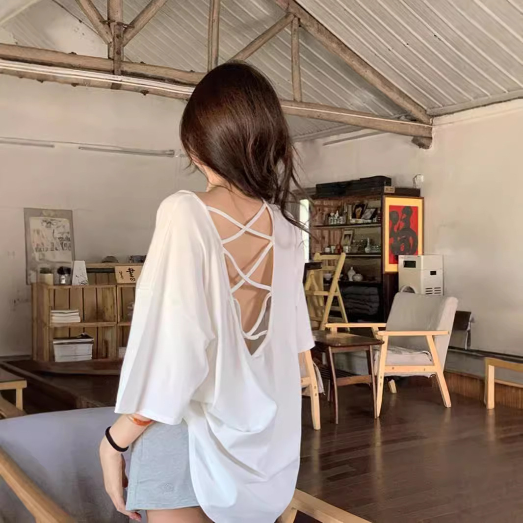 Vêtements pour femmes de grande taille, printemps et été, nouveau t-shirt décontracté à couleur unie, ample, sexy, col rond, manches courtes
