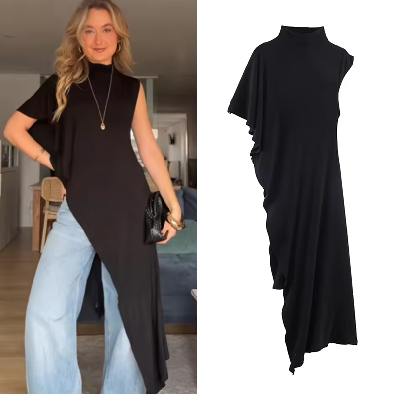 Robe Femme 2026 Nouvelle Collection Printemps-Été Noire Asymétrique à Volants pour Femme Chic Décontractée Personnalité Tendance