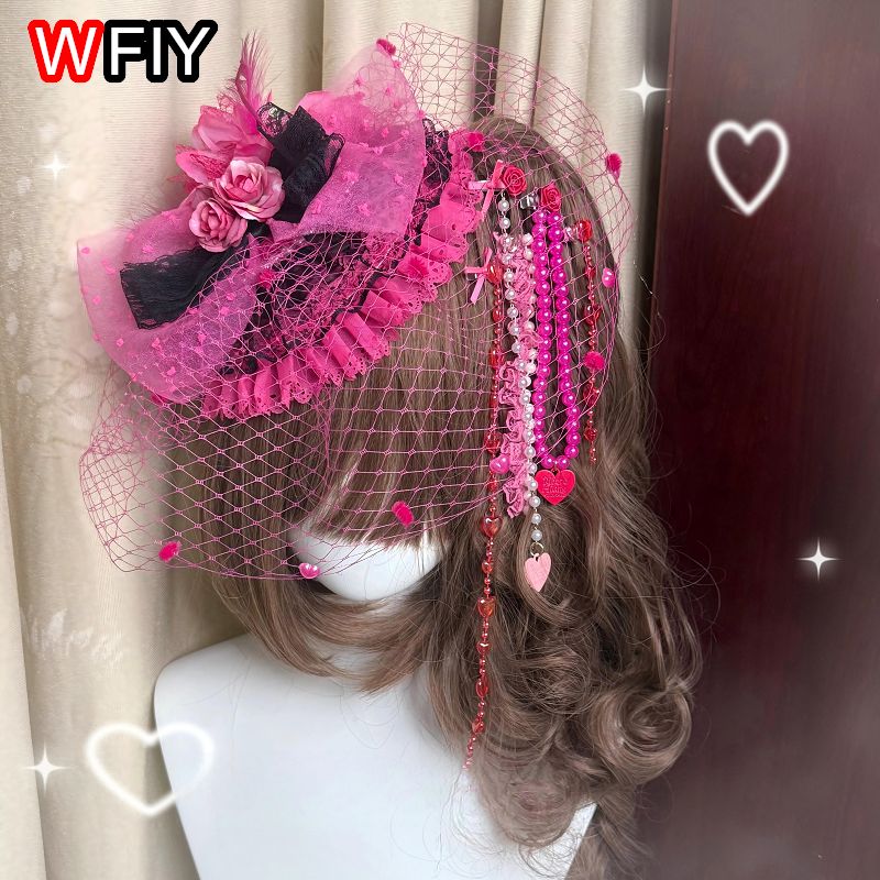 Mini-chapeau fascinateur pour femme, style japonais Gyaru Shibuya Lolita, avec voile, dentelle florale et nœud, coiffe de mariée personnalisée, pince à cheveux pour séance photo