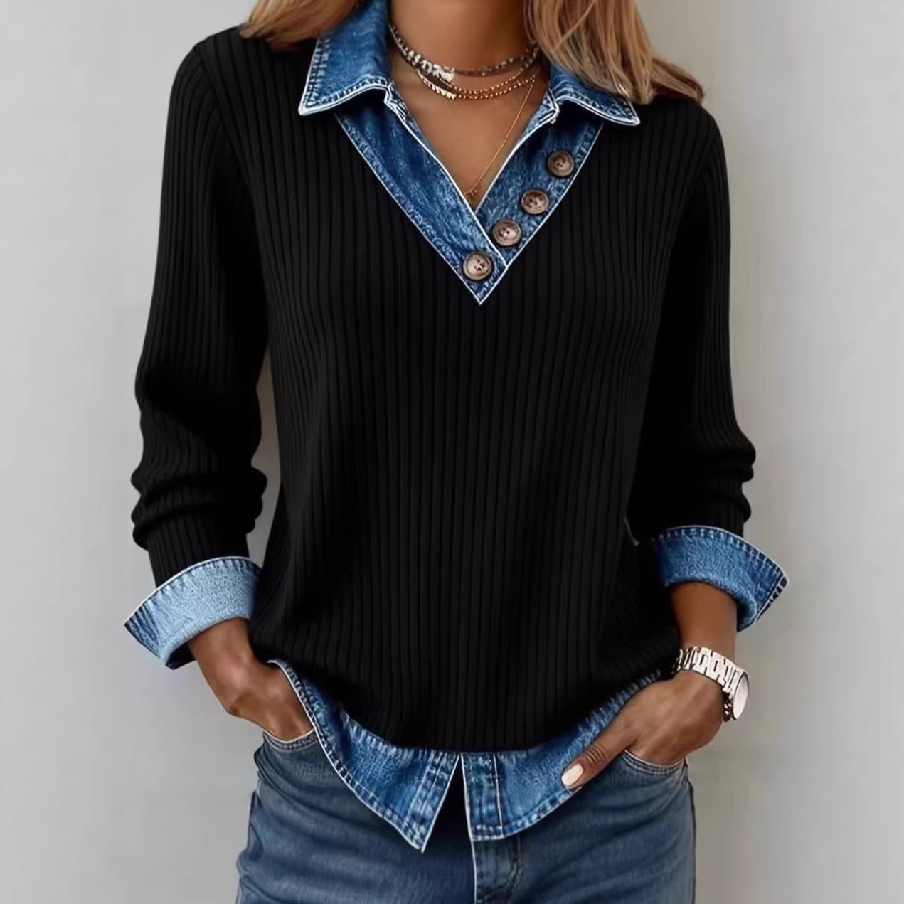 Pulls pour femmes, printemps-été, col en V boutonné, manches longues, effet deux pièces, patchwork, tricoté
