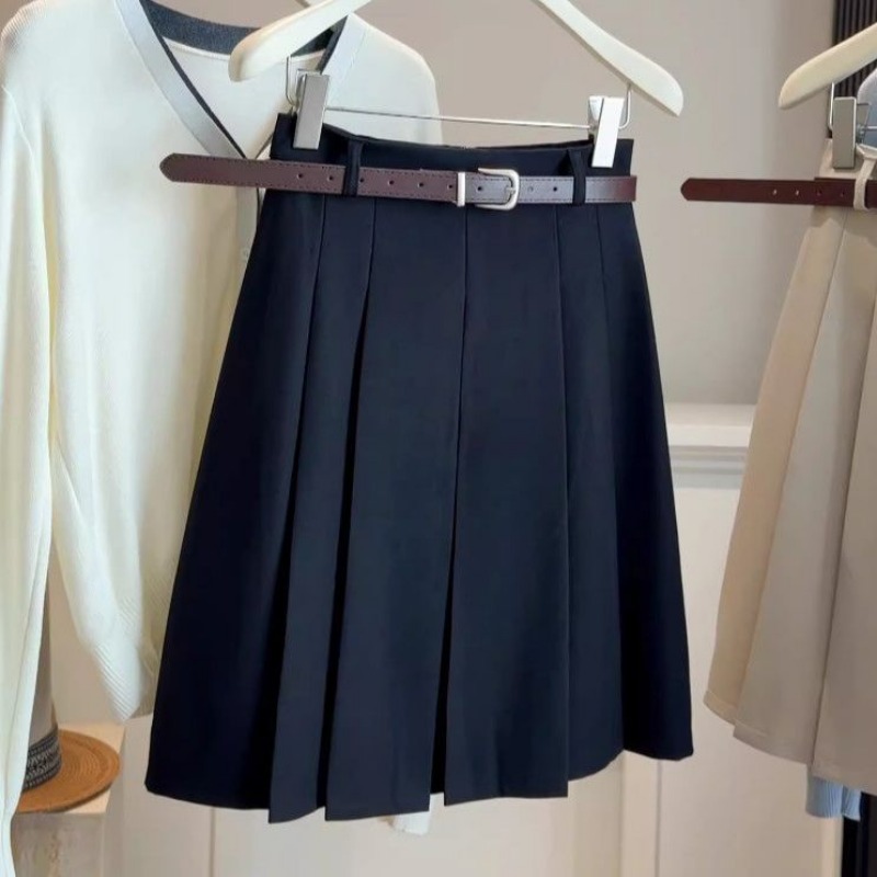 Jupe midi plissée taille haute pour femme avec ceinture, style preppy, jupe décontractée