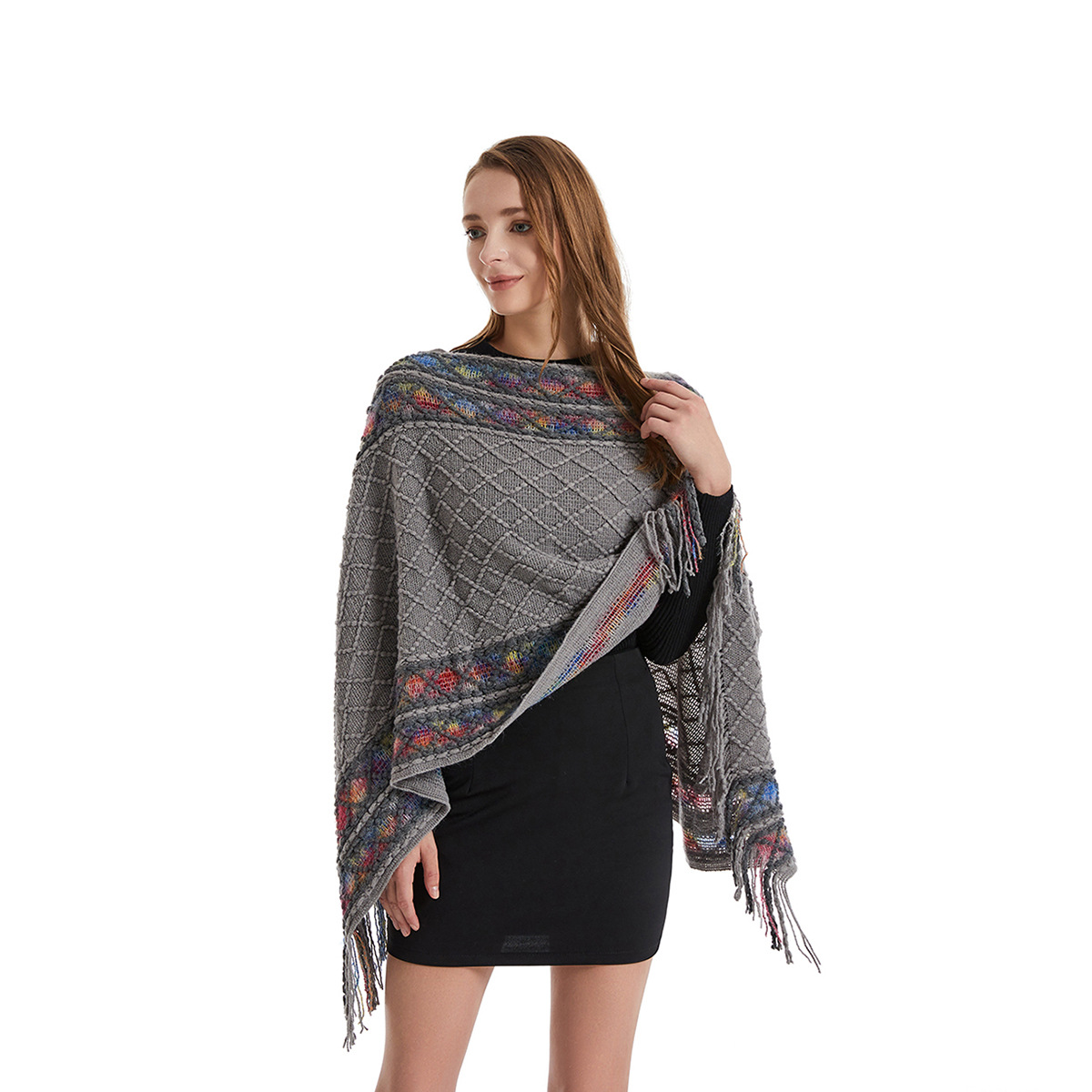 Poncho de style rétro pour femme, châle vintage unique, pull ethnique avec glands ronds bidirectionnels, printemps et automne
