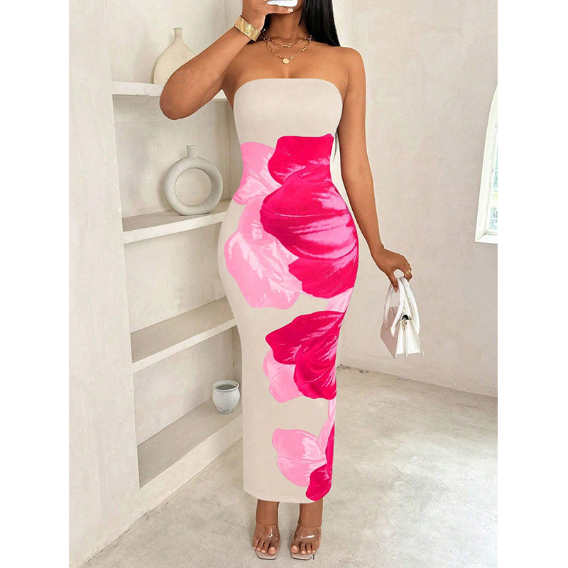 Robe longue pour femmes, mode ins ethos sexy, élégante, coupe cintrée, imprimée, avec sac fendu sur la poitrine et les fesses