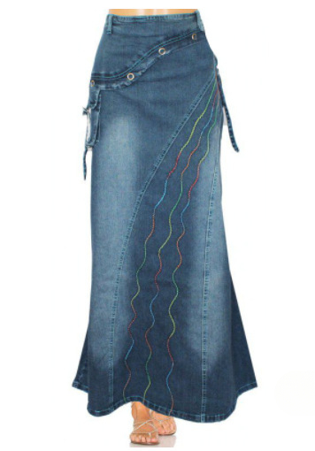 Jupe longue taille haute en denim pour femme, imprimé vintage, tempérament, patchwork, poche, grande balançoire, jupes en queue de poisson pour femme, automne, 2024