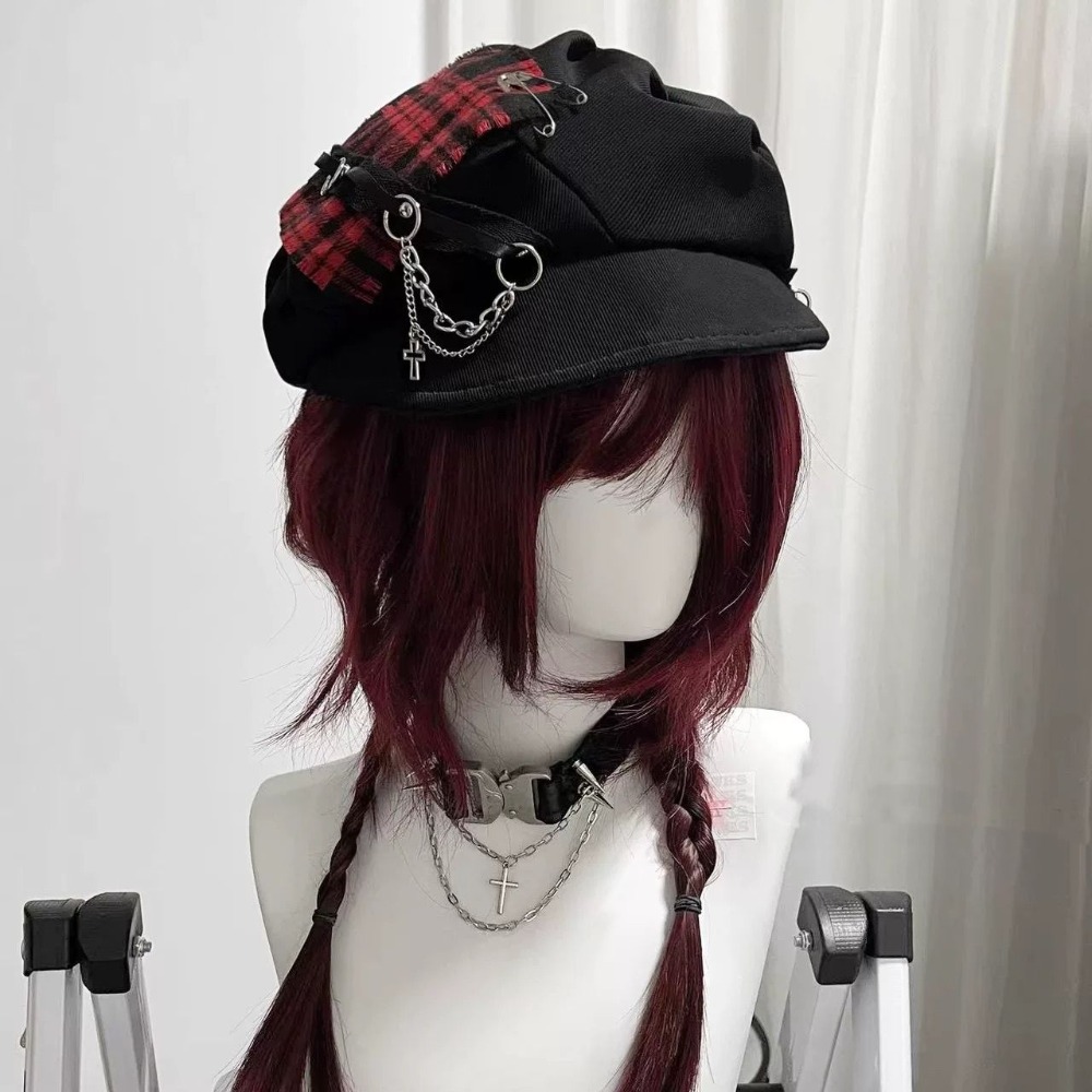 Chapeau pour femme style Y2K, subculture punk, millennial, gothique, lolita, chic et cool, neutre, à carreaux foncés, avec croix, type béret, mignon