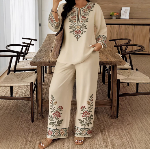 Ensemble deux pièces pour femme, nouvelle collection printemps-automne 2026, imprimé floral, haut ample à col rond et manches longues, et pantalon décontracté taille haute