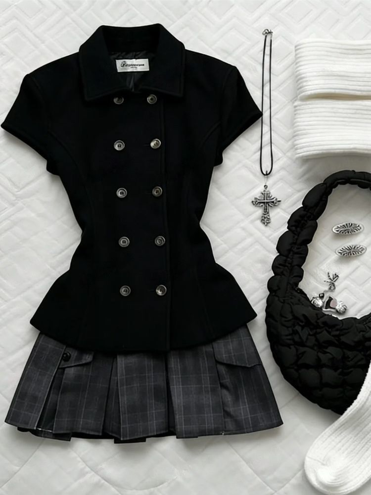 Blazer rétro coréen élégant pour femme, style preppy, à double boutonnage, manches courtes, idéal pour les fêtes, les vacances, le quotidien et le streetwear décontracté