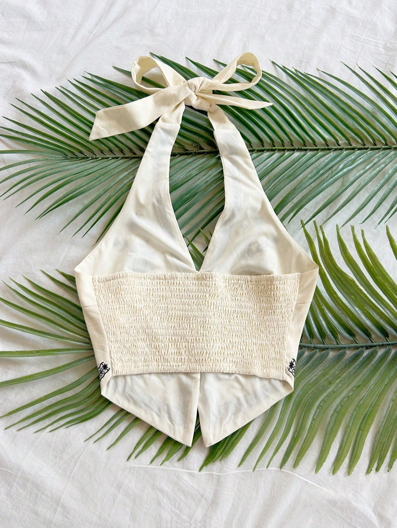 Haut court à bretelles brodé floral pour femme, style bohème, sans manches, dos nu, à nouer au cou, idéal pour l'été et les vacances à la plage