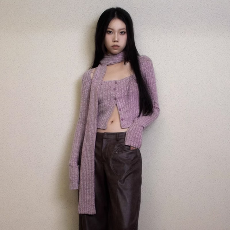 Karrram japonais Y2k court Cardigan avec écharpe mode coréenne violet tricots Vintage col carré culture Cardigans esthétique