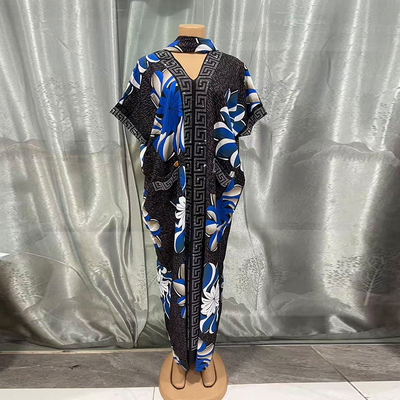 Abaya musulmane imprimée à col en V, robe longue ample et tendance avec strass, grande taille, nouvelle collection 2026, Dashiki + foulard