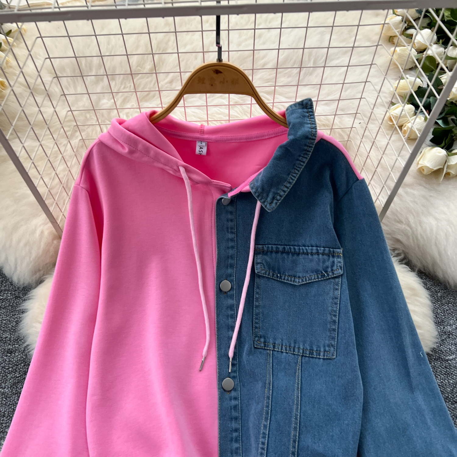 Ensemble pantalon femmes deux pièces ensembles à capuche ensembles assortis décontracté hauts amples jambe large pantalons longs taille élastique à lacets épissure Denim 2025