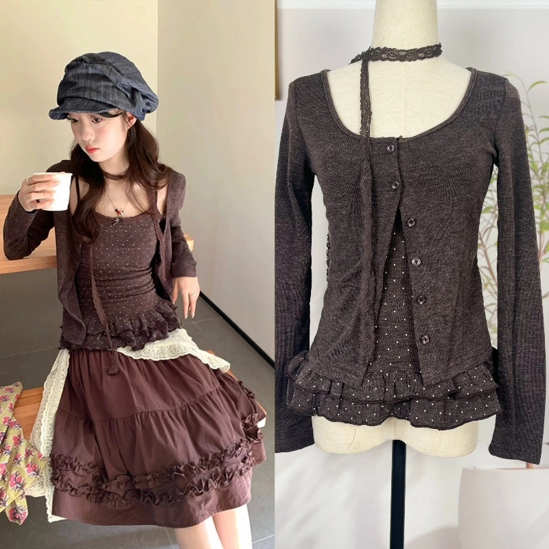 Mode coréenne 2 pièces ensemble Design à manches longues Cardigan court mince Camisole à pois gilet hauts costume décontracté Chic