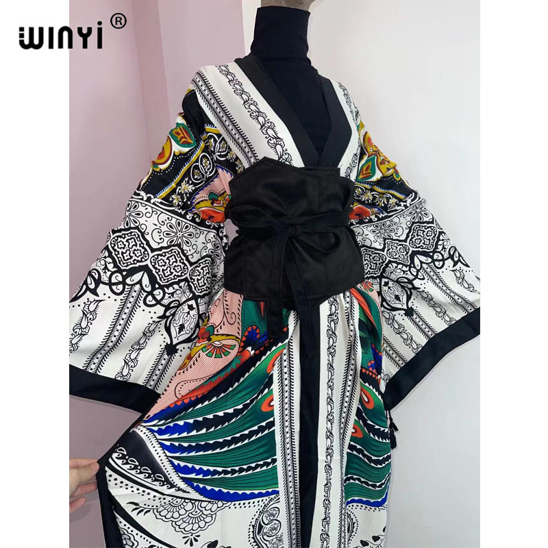WINYI 2022 Robe chemise mi-longue pour femmes, style kimono, mode vintage, imprimé floral totem, ceinture à la taille, manches longues, décontractée, coupe ajustée, vestidos