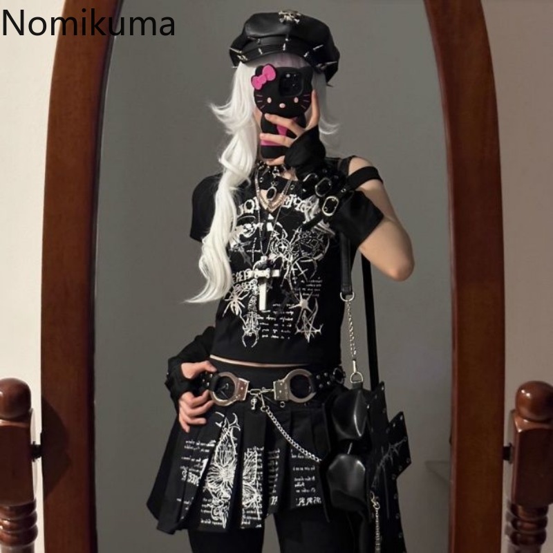 Économie Harajuku Y2K pour femmes, mode japonaise, punk noir, crâne, t-shirts courts, col en Y, tunique, hors initié