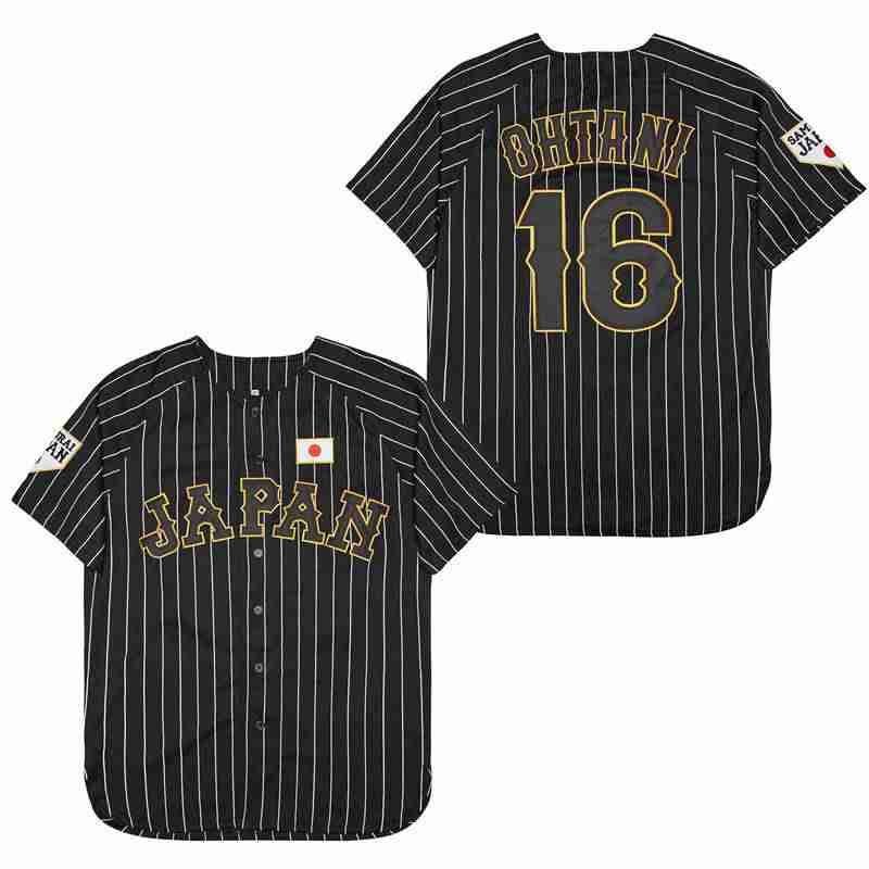 Maillot de baseball Japon 16 OHTANI Broderie cousue pas cher Haute qualité Vêtements de sport d'extérieur BLANC Rayures noires SAMOURAÏ