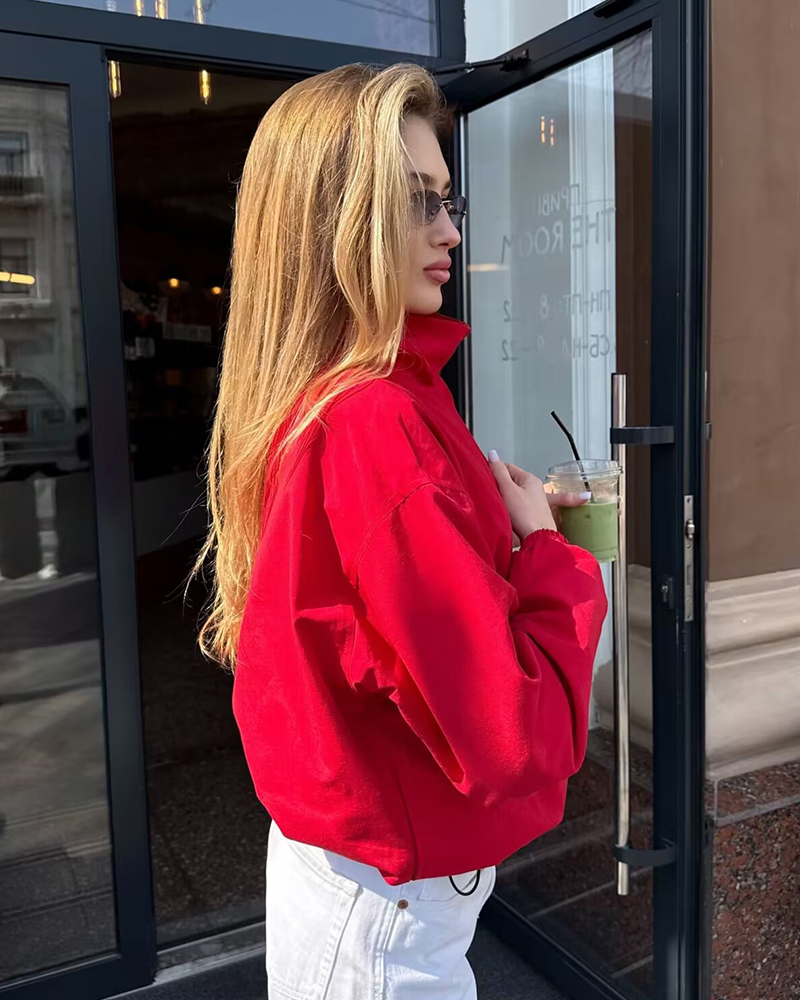 Veste Femme 2026 Nouvelle Collection – Veste Sport Décontractée Chic à Col Montant et Fermeture Éclair, Coupe Ample, Manches Longues, Rouge Oversize pour Femme