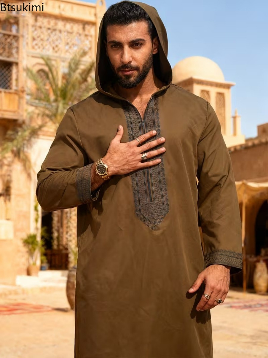 Nouvelle Robe Longue Homme Jubba Thobe Broderie Abayas à Capuche Moyen-Orient Musulman Solide Modeste Maroc Dubaï Abayas Printemps Épissées