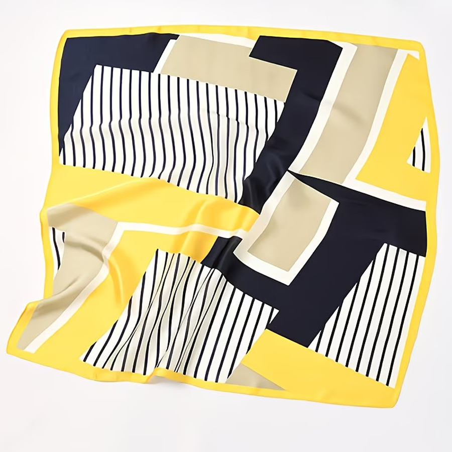 1 écharpe carrée élégante à rayures bleu marine, blanches et jaunes - Matière polyester respirante, très adaptée pour servir de bandeau, de châle et d'accessoire pour les cheveux, design élégant à nouer, idéale pour les tenues décontractées du week-end, accessoire de cou tendance. |     Bandeau à la mode |     Écharpe en satin texturé, Écharpe