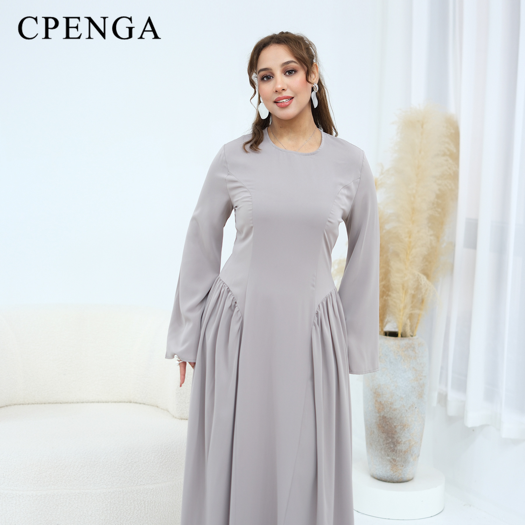 Abaya élégante et modeste pour femmes musulmanes, robe longue unie grande taille avec lien à la taille au dos, tenue islamique décontractée à manches longues pour le Ramadan