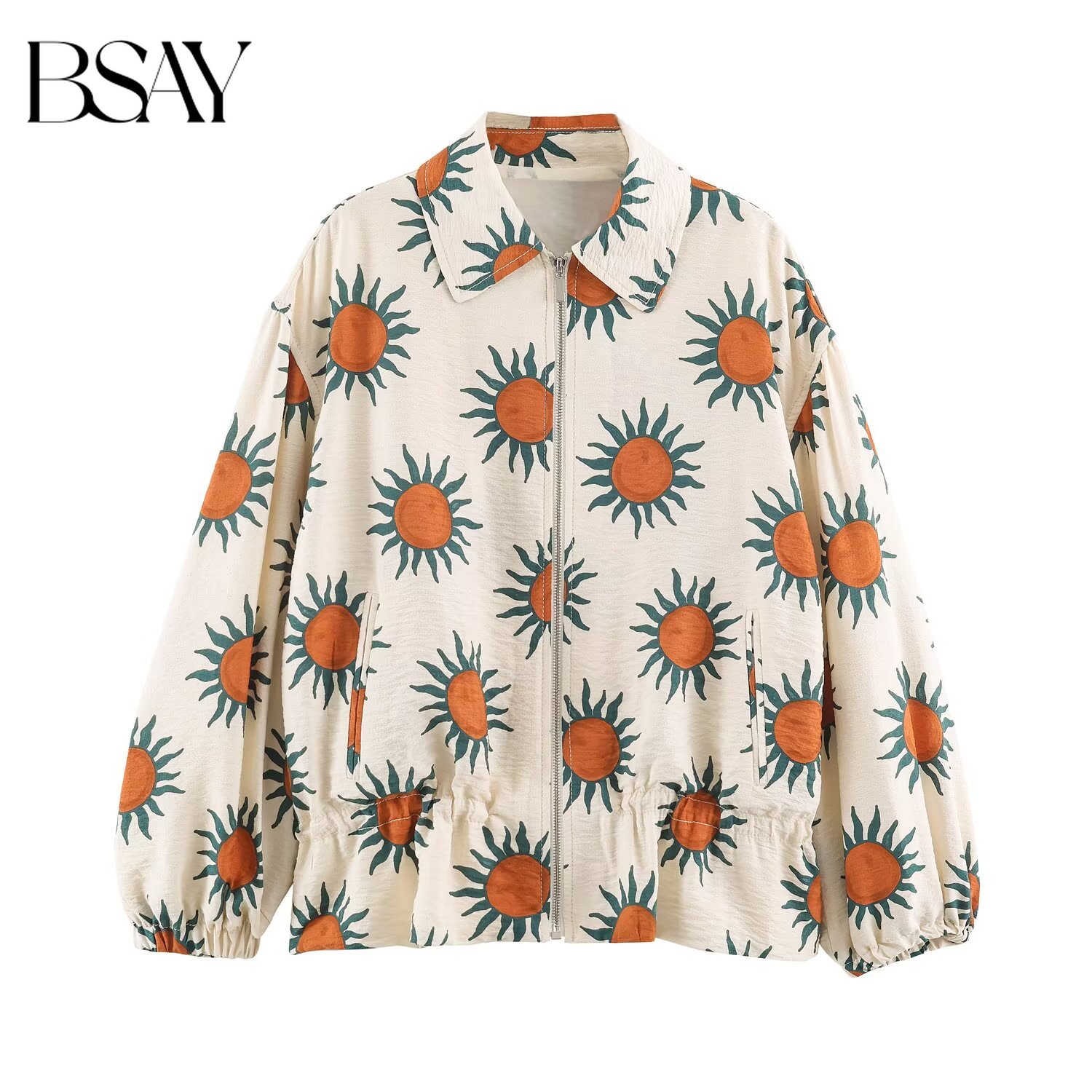 BSAY Blouson Bomber Femme Rétro Bohème à Imprimé Soleil, Col Revers, Fermeture Éclair, Ourlet Peplum Élastique, Manches Longues, Coupe Ample, Décontracté, Vêtement d'extérieur pour les Vacances