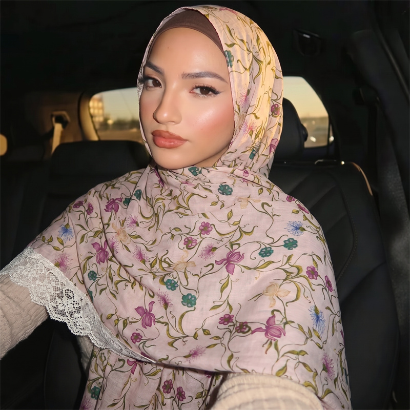 Hijab en mousseline de soie rose clair à imprimé floral pour femmes musulmanes, bordure en dentelle blanche, respirant, élégant, foulard islamique