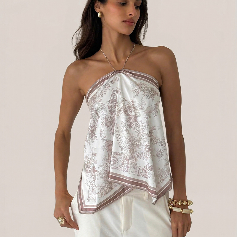 Haut cache-cœur vintage en satin pour femme, imprimé jungle élégant, dos nu, style bandana, débardeur d'été décontracté pour la plage