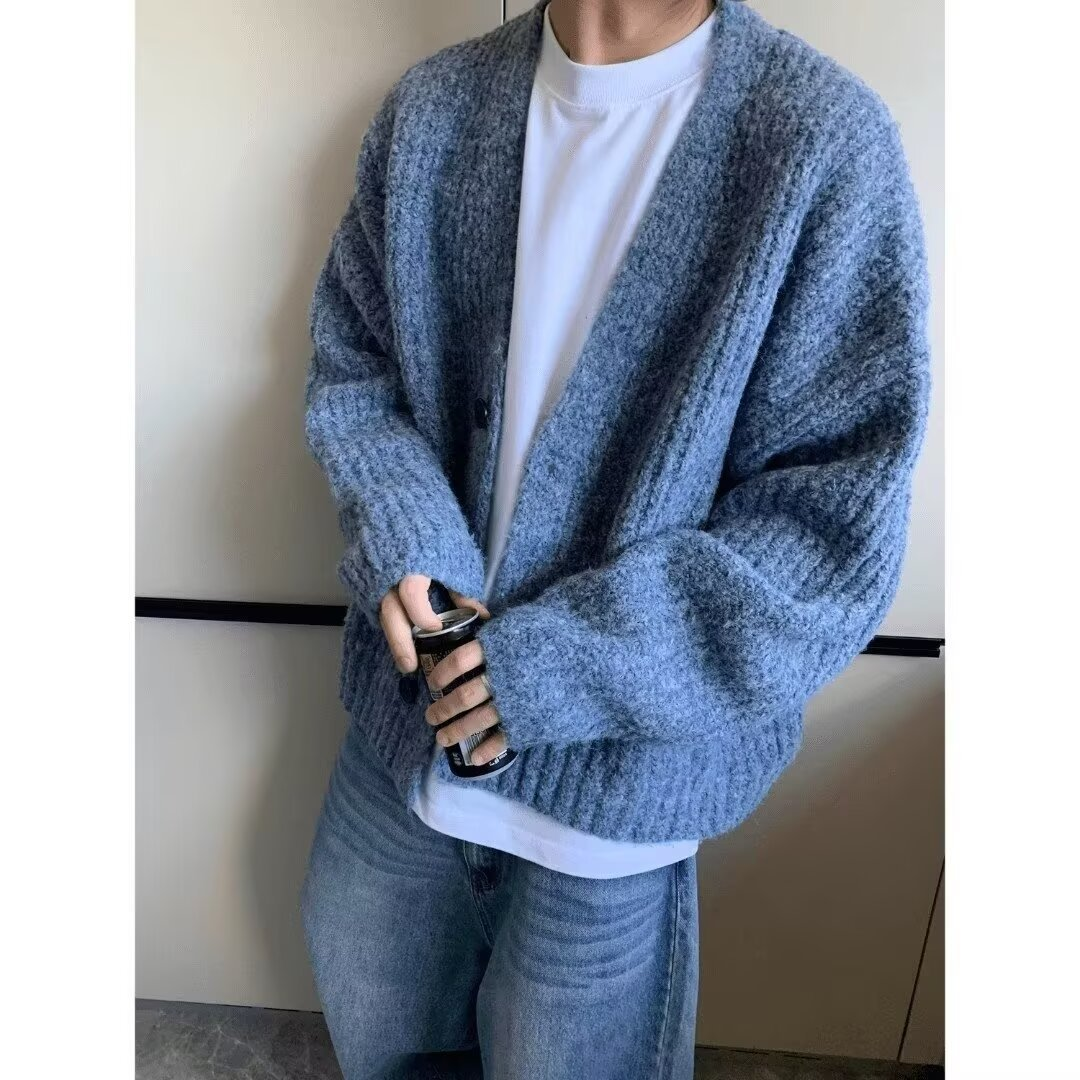 Mode automne hiver rétro ample poids lourd couleur mixte court large fil épais tricoté chandails Cardigans vestes chaudes hommes