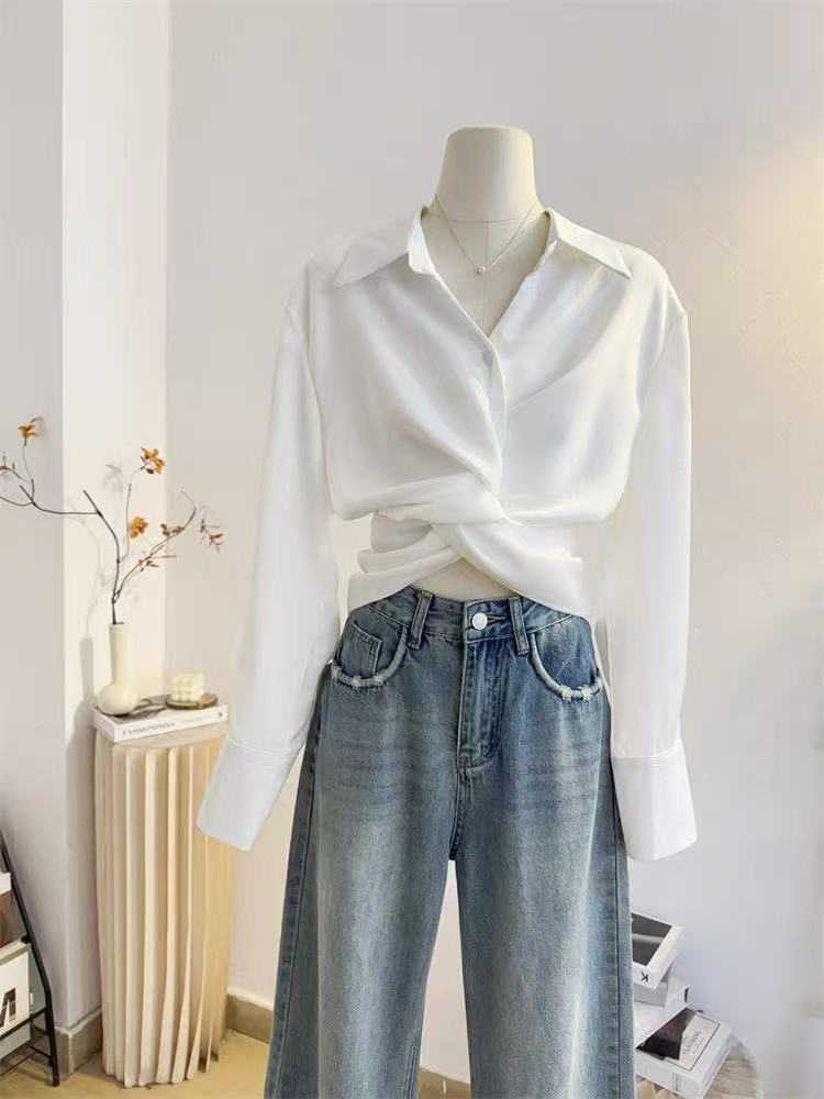 Coréen Chic croix femmes chemises blanches élégant un bouton à manches longues en mousseline de soie hauts Harajuku asymétrie tout Match revers Blouse Mujer