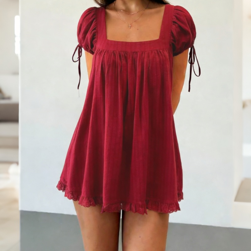 Chemisier ample et fluide pour femme à col carré, manches bouffantes, poignets à nouer, bordure en dentelle, style babydoll, idéal pour l'été et les sorties