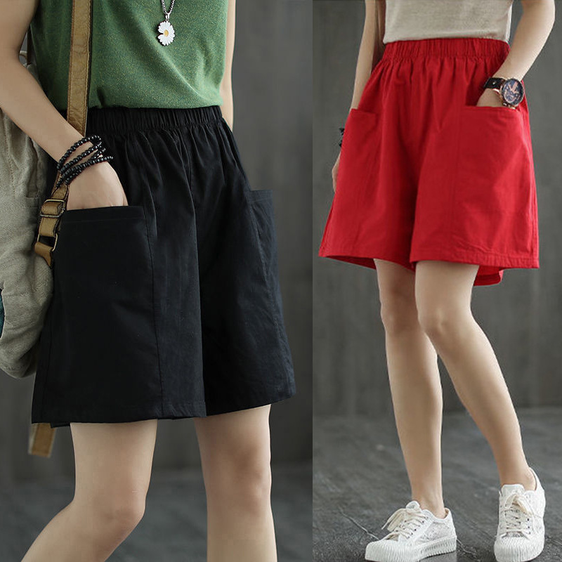 Shorts d'été grande taille pour femme, nouvelle collection, couleur unie, coupe ample, simple, avec poches, pantalon droit cinq panneaux