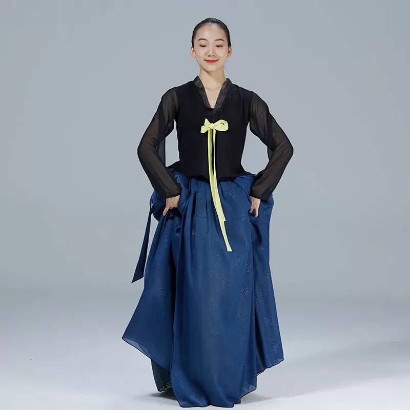 Costume de danse ethnique coréen pour femmes, haut à manches longues transparent avec nœud papillon, jupe longue ample et évasée, ensemble de tenue de compétition de danse folklorique