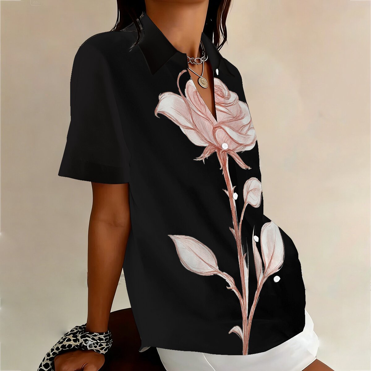 Chemise d'été grande taille pour femme à simple boutonnage avec imprimé rose unique, élégante et fraîche, idéale pour les événements sociaux et les rendez-vous
