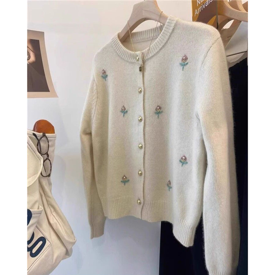Cardigan tricoté coréen à col rond pour femme 2026 – Manteau pull brodé à manches longues pour femme – Veste en maille tendance automne