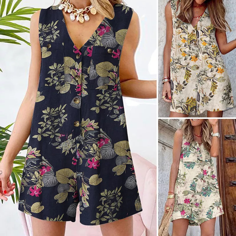 Combinaisons à imprimé floral bohème pour femmes, Combishorts de vacances décontractés pour femmes, Barboteuses d'été à col en V